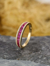 3.10Ct Lab Created  Round Cut Pink Ruby In 14K Yellow Gold Over Charm Halo Ring - £110.59 GBP
