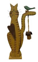 Folk Art Wooden Kitty Cat Heart Bird Birdhouse 12” Wood Decor Figurine - $16.83