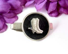 COWBOY BOOTS Vintage Tie Clasp Silvertone On Black Western Cow Boys Cowgirl - $16.82