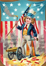 Uncle Sam Boy Pistol Cannon 4th Of July American Flag Patriotic Postcard... - $15.16