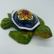 Turtle Figurine Carved Wood Porcelain Hand Painted Shell - £15.18 GBP