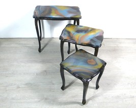 3-Set Nesting Tables Queen Ann Style in black + marbled Epoxy 1940s Germany - £315.68 GBP