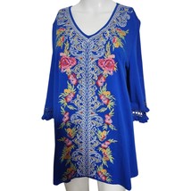 NEW Calessa Tunic Size M Blue Embroidered V-Neck 3/4 Sleeve A-Line Blous... - £27.84 GBP