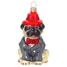Pug Fawn in Red Fedora and Gray Suit Polish Glass Christmas Tree Ornament - $69.98