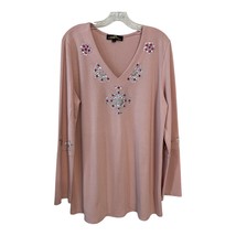 Joan Boyce Embellished Tunic Top Pink XL Rhinestone Long Sleeve Bling St... - $27.00