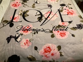 New Victoria&#39;s Secret 50 x 60 &quot;Love&quot; Grey Sherpa Blanket Pink Roses/ But... - $117.81