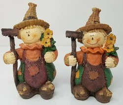 Figurines Scarecrow Farmers Sunflowers Flawed Fall Thanksgiving Vintage Set of 2 - £12.11 GBP