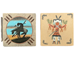 Sand Paintings 2 Navajo Art 4 Inch by 4 Inch Wood Tile Signed Vintage Ar... - $22.30