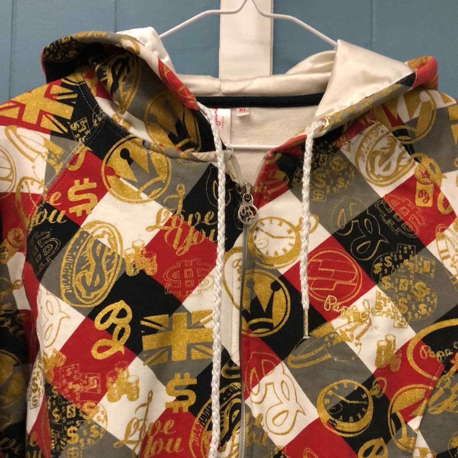 Primary image for Pepe London gold emblem $ print satin lined hoodie zip u jacket juniors size XL