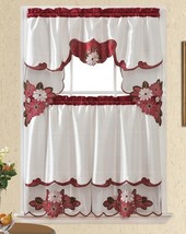 ALASKA FLOWERS BURGUNDY EMBROIDERED DECORATIVE KITCHEN CURTAIN 3PCS SET - $21.78
