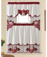ALASKA FLOWERS BURGUNDY EMBROIDERED DECORATIVE KITCHEN CURTAIN 3PCS SET - $21.78