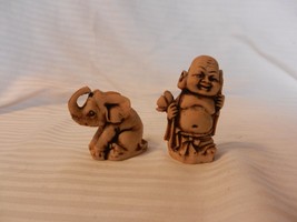 Pair of Tan Resin Smiling Buddha and Sitting Elephant With Trunk Up Figu... - $30.00