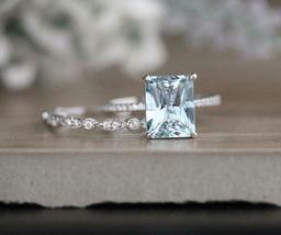 2Ct Emerald Cut Aquamarine Engagement Bridal Ring Set14k White Gold Finish - £70.72 GBP
