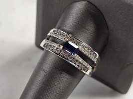 Womens Art Deco 14K White Gold Band Blue Sapphire &amp; Diamond Ring 6.1g E4820 - $841.50