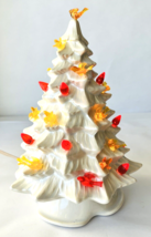 Vintage Ceramic Christmas Tree Lighted Base Red Bulbs Orange &amp; Red Birds 10&quot; - £75.68 GBP