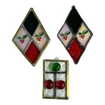 Vintage Lot Of 3 Stained Glass Suncatcher  2 Holly Christmas Holiday Handmade - £30.03 GBP