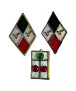 Vintage Lot Of 3 Stained Glass Suncatcher  2 Holly Christmas Holiday Han... - £29.41 GBP
