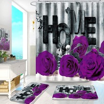 Bathroom Sets, 3 Pcs Purple Rose Bathroom Shower Curtain Sets with Rugs - £35.96 GBP