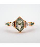Long Hexagon Moss Agate Timeless Engagement Rings Memorial Gifts Rose Gold - $350.00+