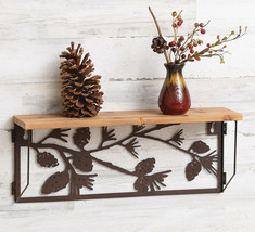 Western Rustic Forest Woodlands Pinecones Metal Cutout Wall Hanging Wood Shelf - £35.39 GBP