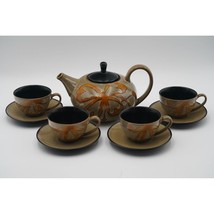 Pier 1 Imports Kioko Stoneware 4 Flat Cups &amp; Saucers + Teapot Set Made in China - £34.99 GBP