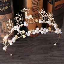 Golden Handmade Christmas Bridal Hair Accessories Pearl Deer Antler Crown Headba - £20.50 GBP