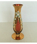Vintage Bohemian Czech art glass vase red gold color design  raised flowers - $49.45