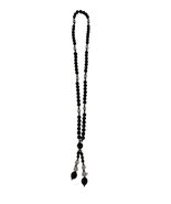 Black Beaded Lariat Necklace 24” Long Glass Crystal Tassel Drop Gold Tone - $17.10