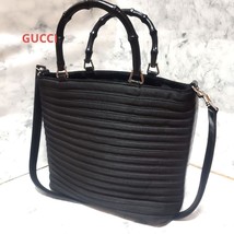 GUCCI Bamboo Handle Shoulder Tote Bag Black Nylon Leather Auth TBa0091 - $250.60