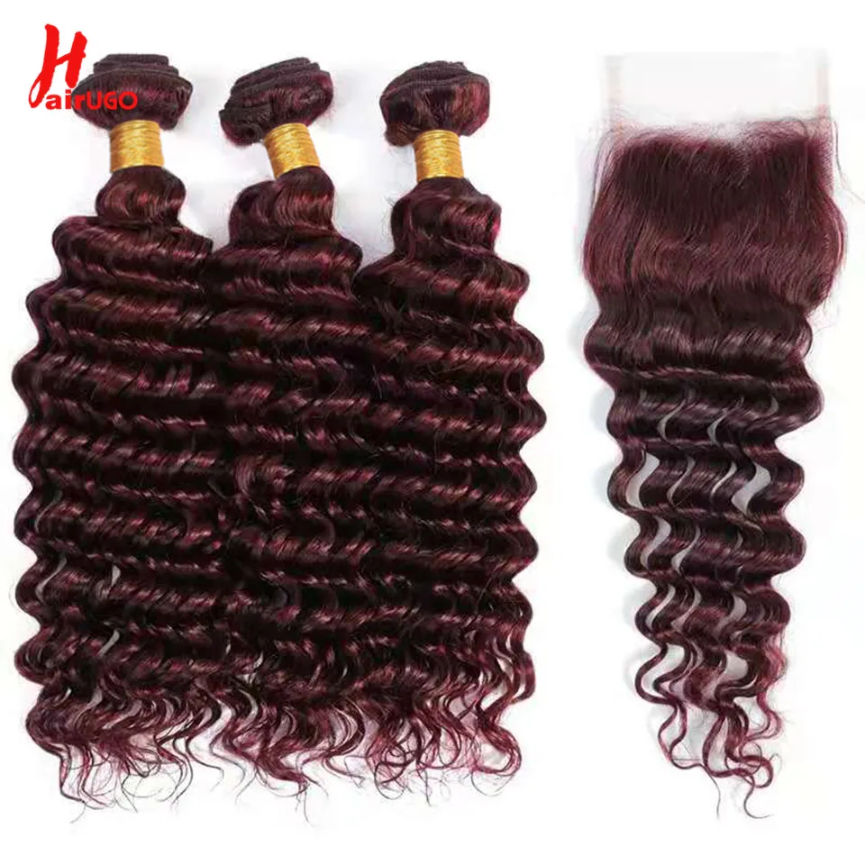 99J Deep Wave Human Hair Bundles With Closure HairUGo Burgundy 4x4 Lace Closure - £93.27 GBP+