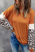 Brown Leopard Sequin Patchwork Long Sleeve Top - $13.16