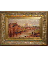 Cityscape View of river and Cathedral 19th century Oil painting Signed F... - $393.00