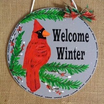 Welcome Winter Christmas Cardinal Circle Sign Door Plaque - £23.19 GBP