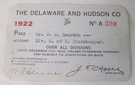 1922 Antique Delaware &amp; Hudson Railroad Ticket Train Pass D&amp;Hrr - £7.77 GBP