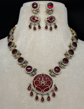 Bollywood Style Gold Plated Indian CZ Necklace Red Pendent Bridal Jewelry Set - £97.67 GBP