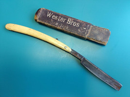 Vtg Yellow Handle Straight Razor With Wester Bros New York Box Made In G... - $19.95