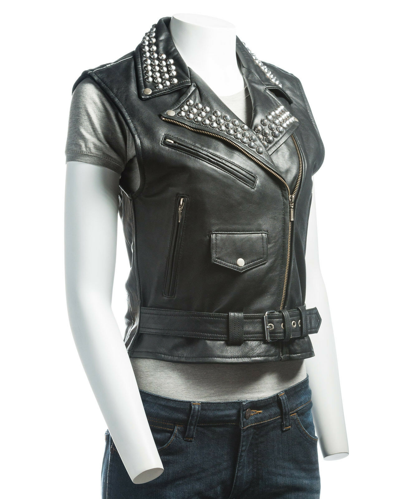 Women Black Biker Slim Fit Genuine Leather Silver Studded Handmade Cropped Vest