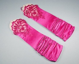 Bridal Prom Costume Adult Satin Fingerless Gloves Fuchsia Elbow Length Party - £9.95 GBP