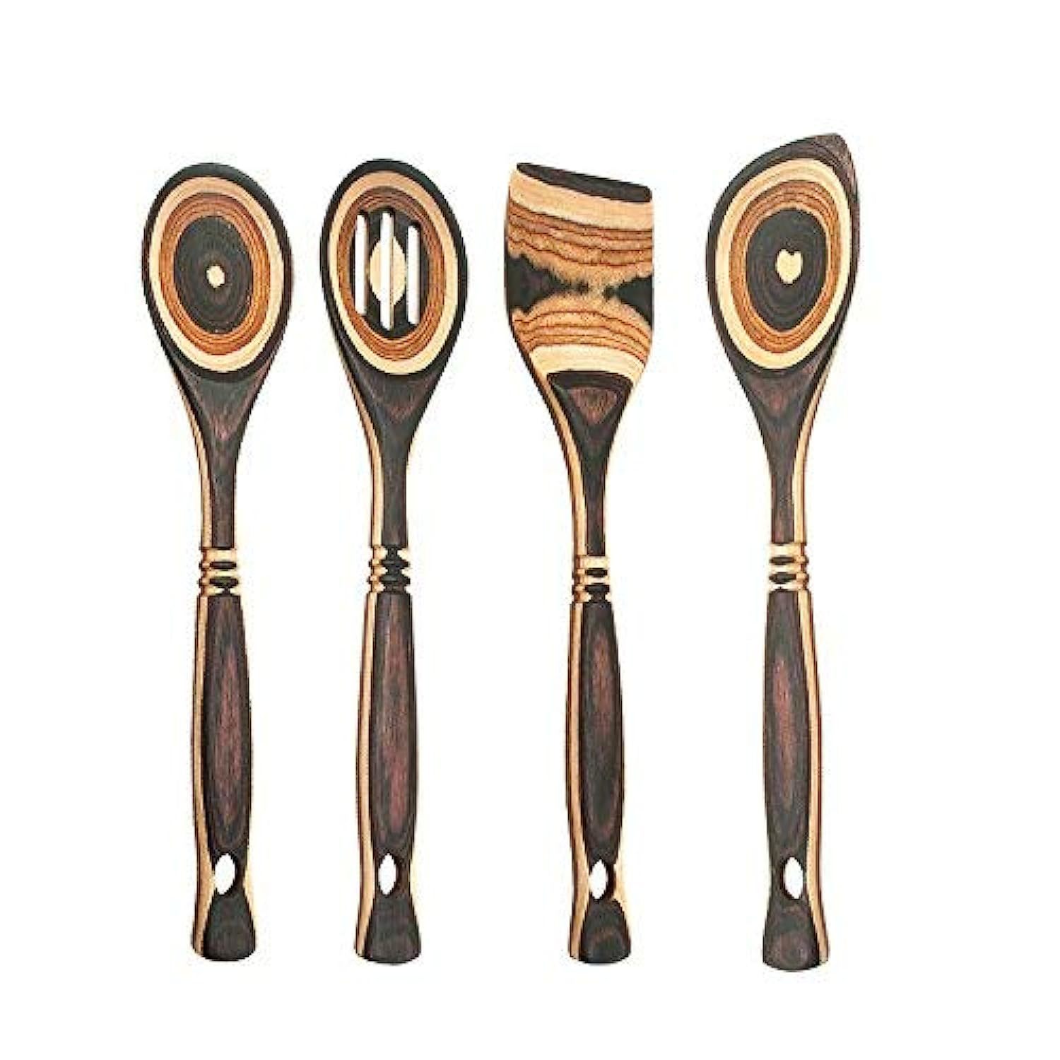 Primary image for Natural Pakkawood 12" Wooden Spoon Set Of 4 With Standard Spoon, Slotted Spoon, 