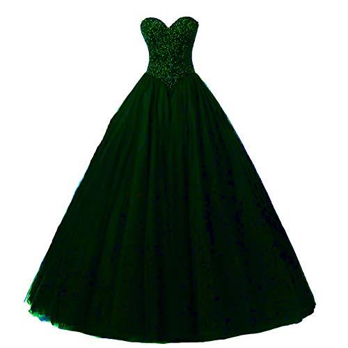 Beaded Quinceanera Ball Gown Long Tulle Evening Prom Dresses Emerald Green US 16