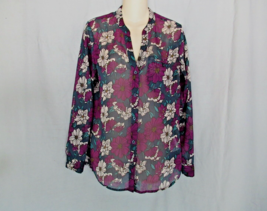 Kut From The Kloth top blouse button up MP blue  floral tab sleeves semi-sheer - £10.95 GBP