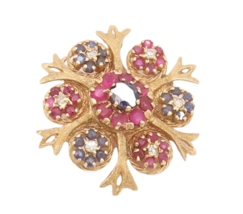 14K GOLD Vintage Brooch Pin Real Diamonds Floral Ruby &amp; Sapphire Clusters  GB201 - $765.47