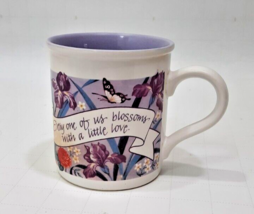 Stoneware Floral Coffee Tea Mug Cup Purple Flowers, butterfly w/ saying. - £6.97 GBP
