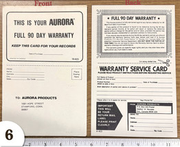 6pc 1982 Aurora Products Rexdale Ontario &amp; Stamford Ct Usa 90 Day Warranty Card - $9.99