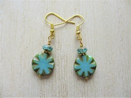 Rustic Turquoise Blue Czech Glass Coin &amp; Fire Polished Bead Gold Tone Earrings - $7.60