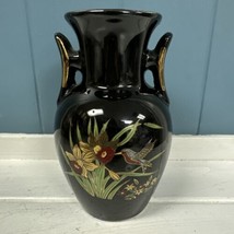 Vintage Asian Black Mini Vase with Hand Painted Flowers Hummingbird Chin... - $25.73 CAD