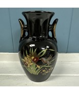 Vintage Asian Black Mini Vase with Hand Painted Flowers Hummingbird Chin... - $25.76 CAD