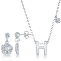 Sterling Silver Shiny &quot;H&quot; with Tiny CZ Flower Necklace and Earrings Set - £59.44 GBP