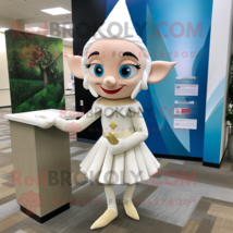 White Elf mascot costume character dressed with a Pencil Skirt and Earrings - $1,309.00