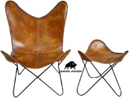 Genuine Tan Leather Vintage Arm Butterfly Chair | Classic Handmade Chair (With - £515.50 GBP